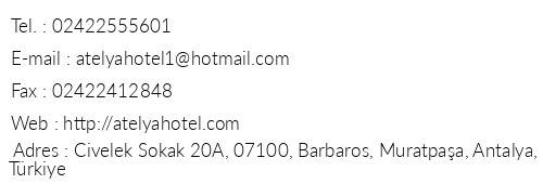 Atelya Art Hotel telefon numaralar, faks, e-mail, posta adresi ve iletiim bilgileri